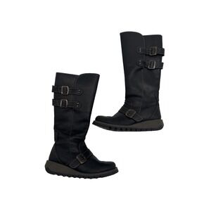 FLY LONDON SOLV DESIGNER TALL BLACK LEATHER WEDGE BOOTs 3 EU, 36, US 6